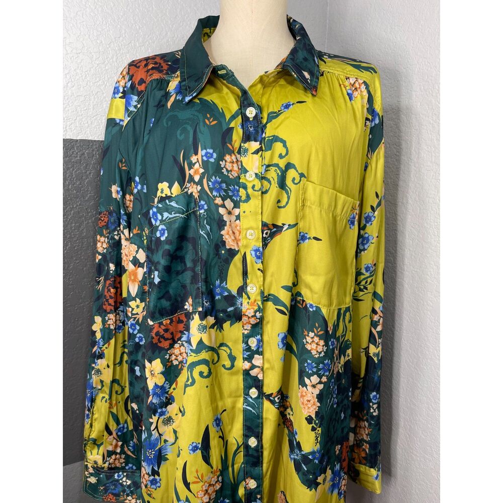 Anthropologie Floral Patchwork Blouse 3X Yellow Green Colorblock Button Shirt - Picture 3 of 12